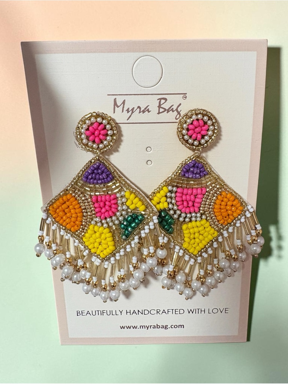 Myra Bag Pink, Yellow & Orange Beaded Fringe Earrings
